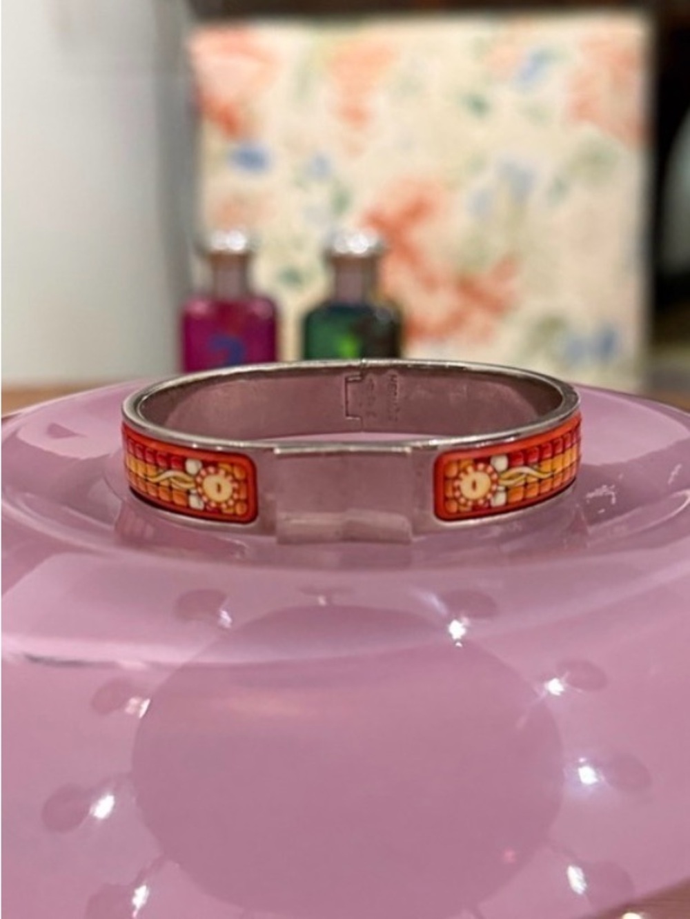Hermes Paris 1990 Clik Clak Enamel Orange Mosaic Cuff Bracelet